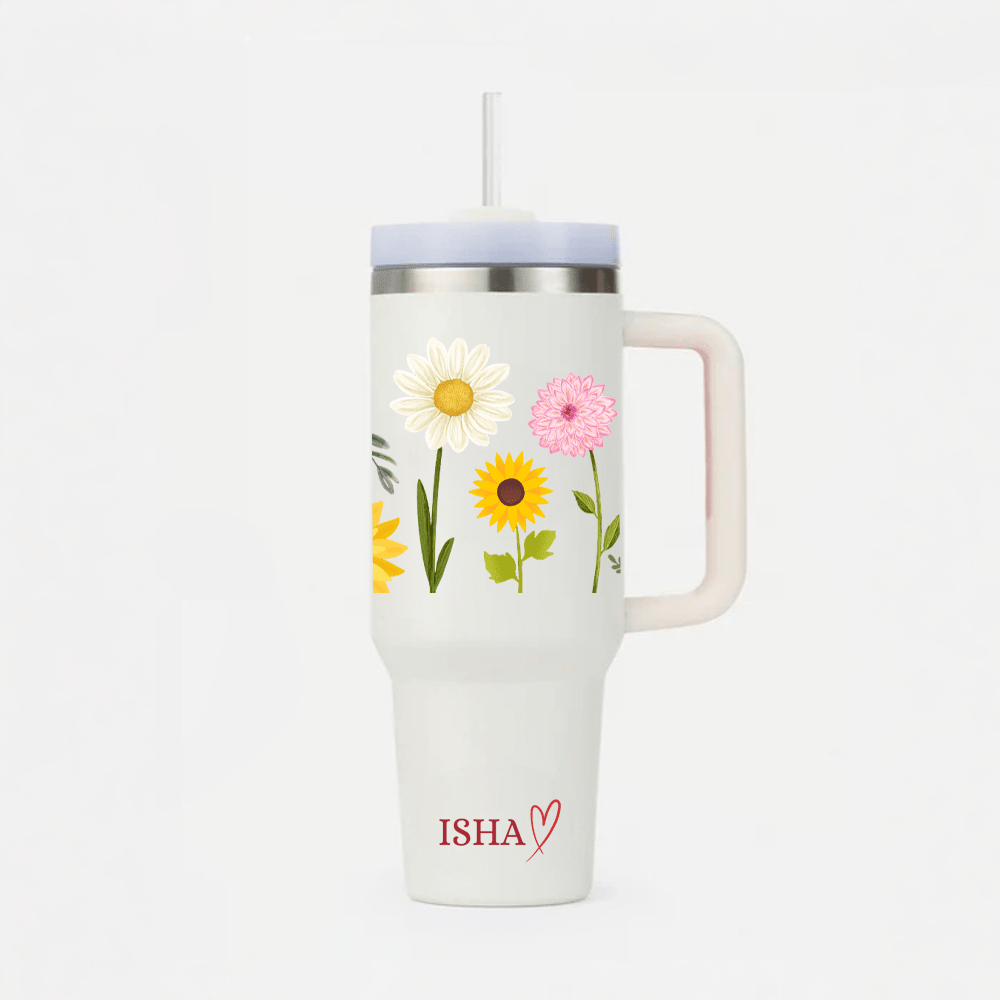 Personalized FloraCup™ Tumbler with Straw & Lid - Memories InsiteMIX FLOWERS PRINTED TUMBLER- ( WHITE )